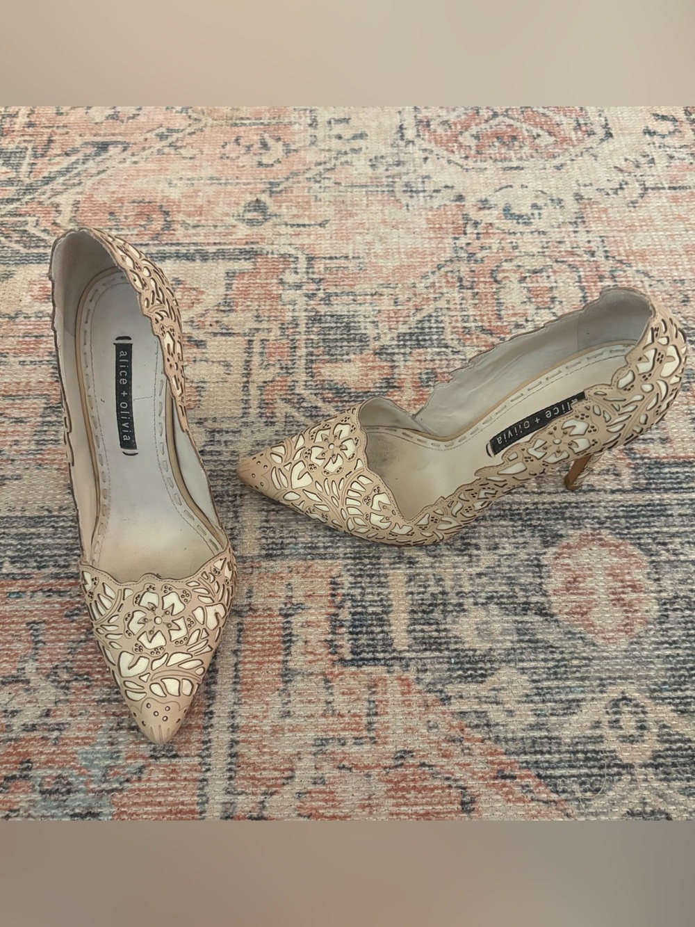 Alice + Olivia Cream and Tan Laser-Cut Stiletto Pumps - Picture 3 of 5